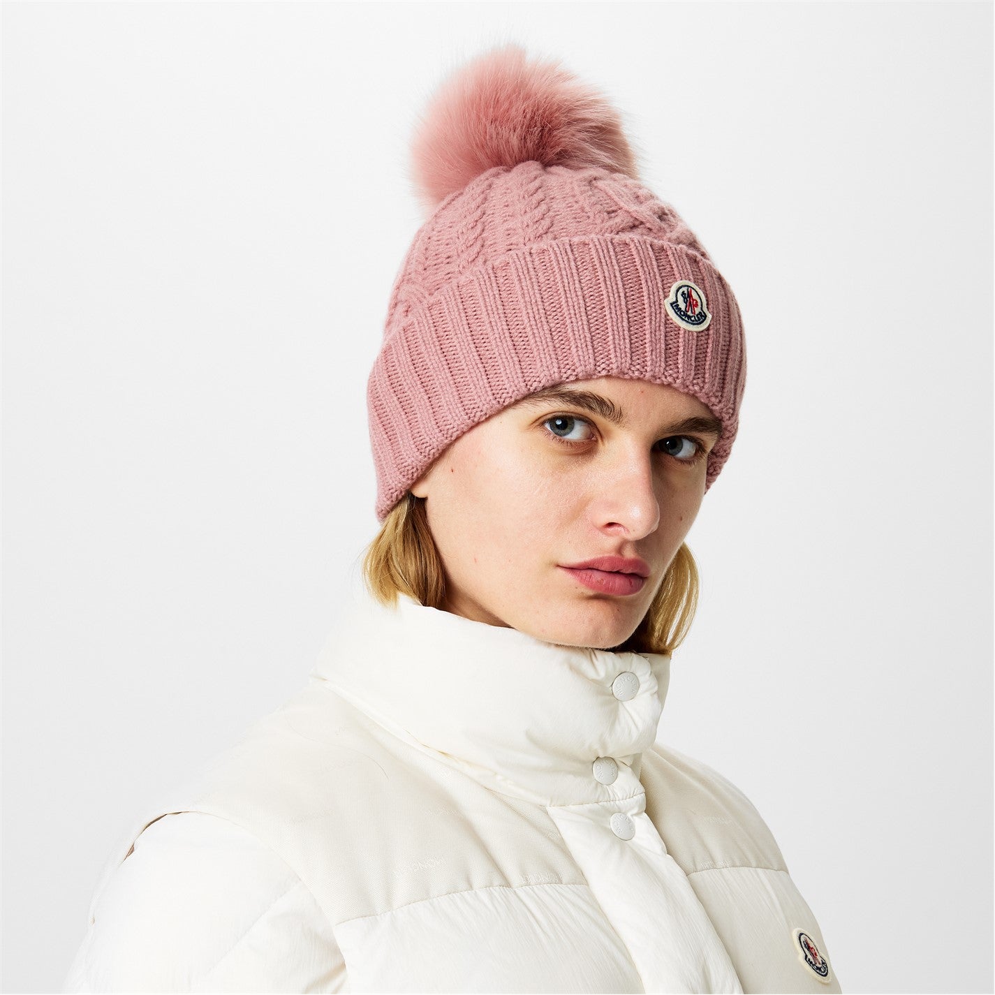 Womens Moncler Pink Bobble Beanie