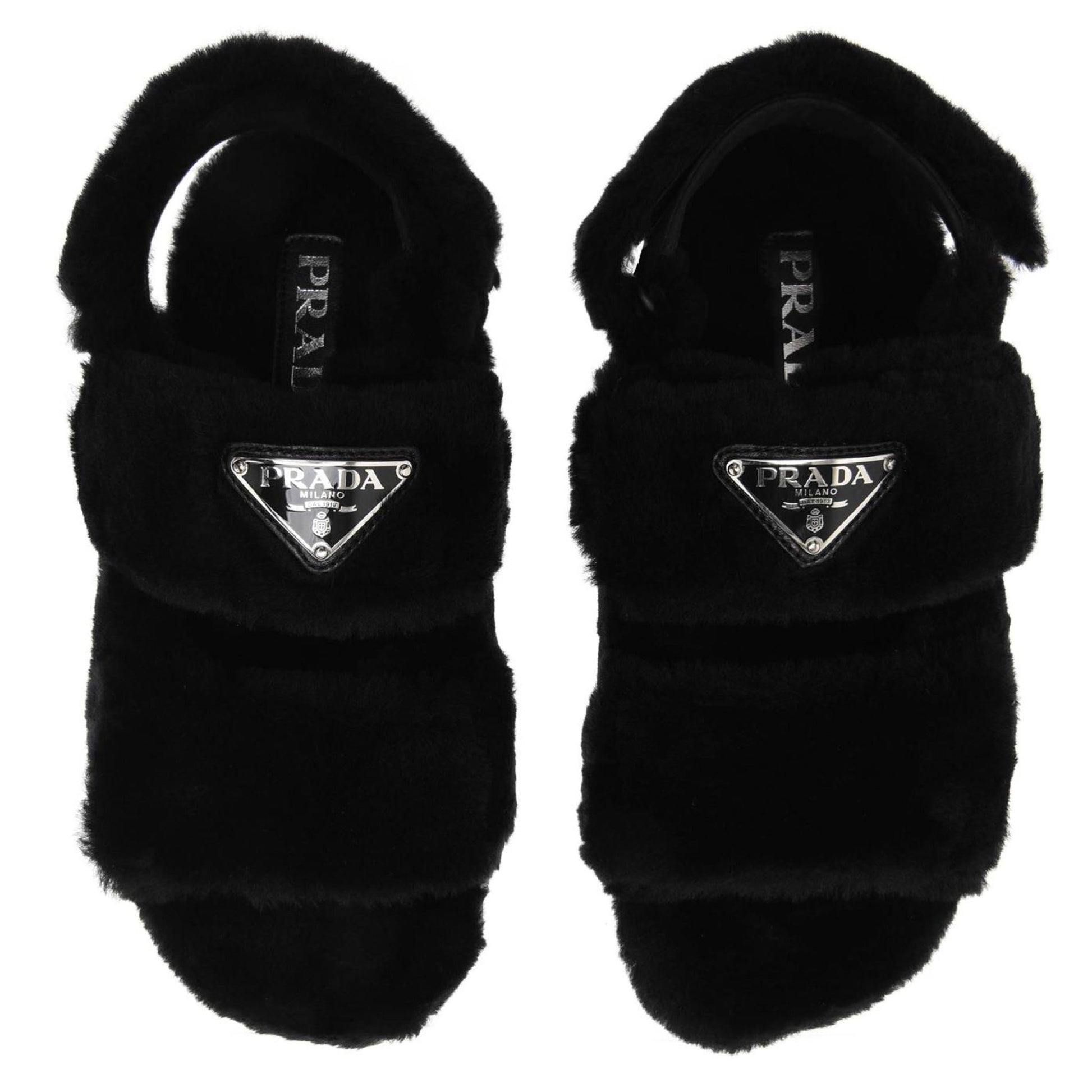 Womens Prada Black Shearling Logo Sandals - DANYOUNGUK