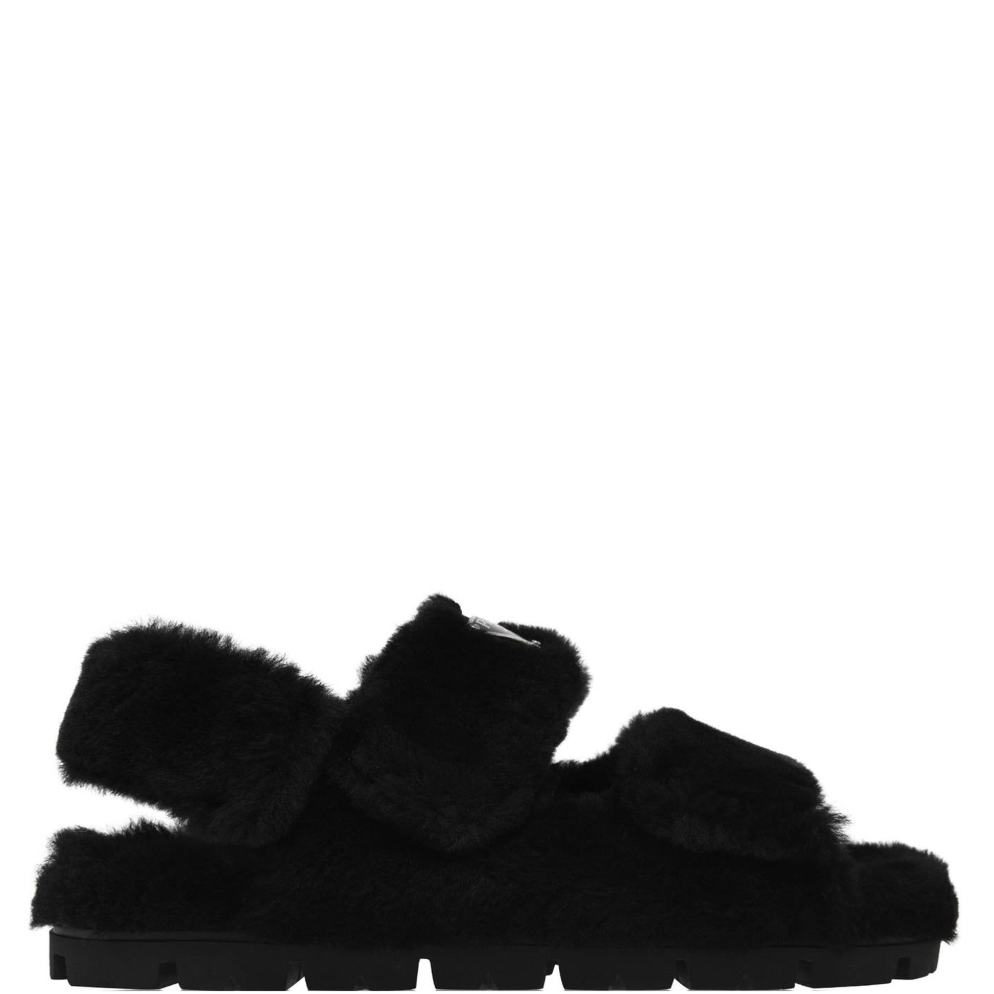 Womens Prada Black Shearling Logo Sandals - DANYOUNGUK